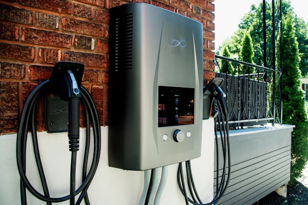 Electric vehicle charging station mounted on brick wall